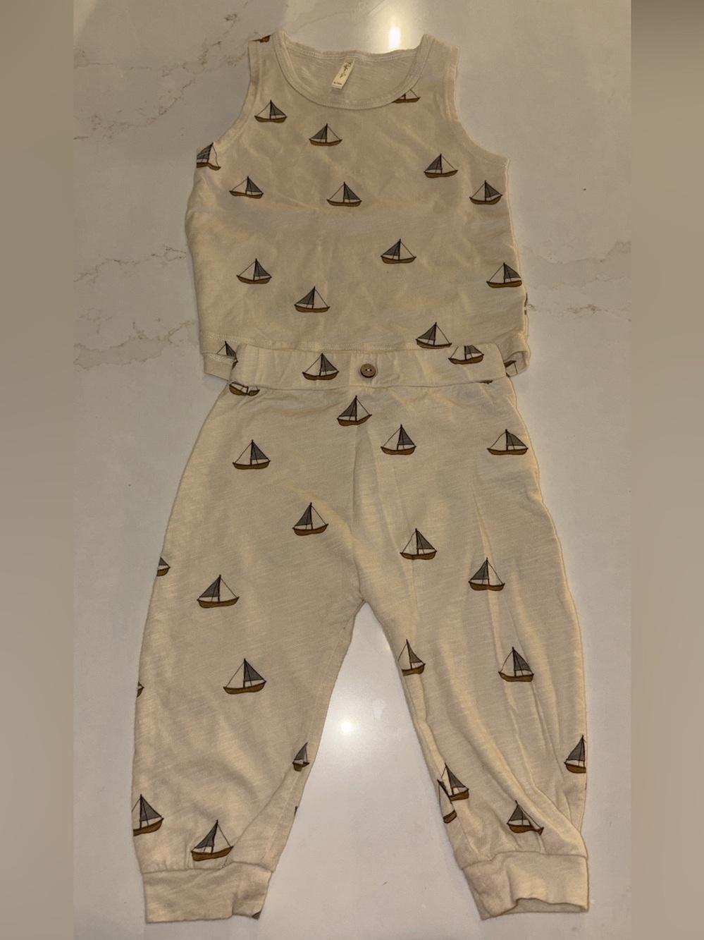 Rylee + Cru Cream 6-12 month Tank and Pants Set with Brown Sailboat Print